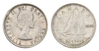 Канада 10 центов 1954 Елизавета II (1952-2022), парусник KM 51 серебро 99-729