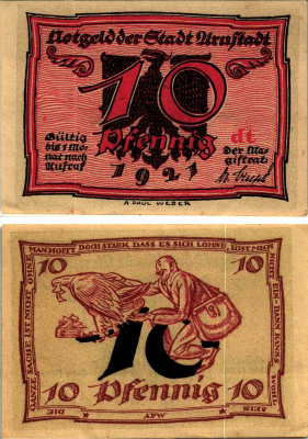 АРНШТАДТ 10 ПФЕННИГОВ 1921 НОТГЕЛЬД, dt, ЗЕМЛЯ ТЮРИНГИЯ Keller 43.1 бумага 6318-25-1-1