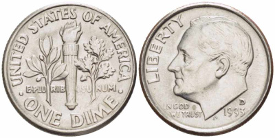 США 10 ЦЕНТОВ = 1 ДАЙМ 1993 D, РУЗВЕЛЬТ KM 195а медь плакированная медно-никелем 105-649