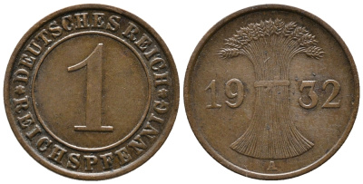ГЕРМАНИЯ 1 РЕЙХСПФЕННИГ 1932 A KM 37, J. 313 бронза 39-1058