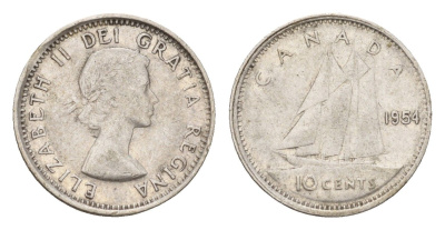 Канада 10 центов 1954 Елизавета II (1952-2022), парусник KM 51 серебро 99-729