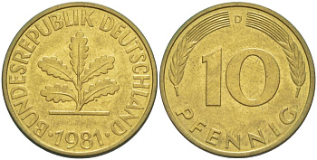 ФРГ 10 ПФЕННИГОВ 1981 D KM 108, J. 383 сталь плакированная латунью 219-535