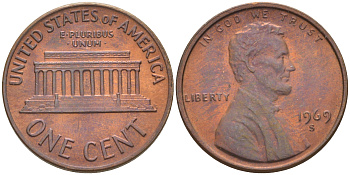 США 1 ЦЕНТ 1969 S, ЛИНКОЛЬН KM 201 медь цинк 187-1156