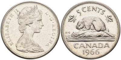 Канада 5 центов 1966 Елизавета II (1952-2022), бобер KM 60.1 никель 4586-637