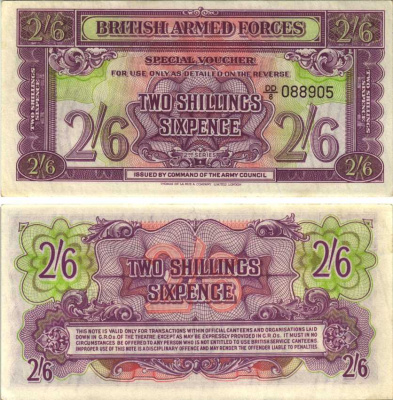 АНГЛИЯ 2 ШИЛЛИНГА 6 ПЕНСОВ 1961 ВТОРАЯ СЕРИЯ, ДЛЯ ВООРУЖЕННЫХ СИЛ, СПЕЦИАЛЬНЫЙ ВАУЧЕР, БУМАГА С ВОДЯНЫМИ ЗНАКАМИ Pick M19b бумага aUNC 7523-41-3-1