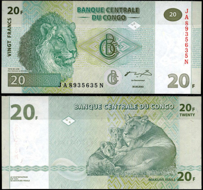 ДР Конго 20 франков 2003 львы Pick 94 a бумага UNC (пресс) 7183-40-2-1