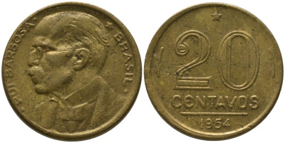 Бразилия 20 сентаво 1954 Руй Барбоза ди Оливейра KM 562, Schon 67 алюминиевая бронза 4567-927