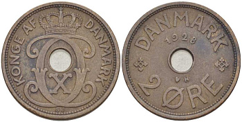 ДАНИЯ 2 ЭРЕ 1928 N; GJ, КРИСТИАН X (1912-1947) KM 827.2 бронза 31-542
