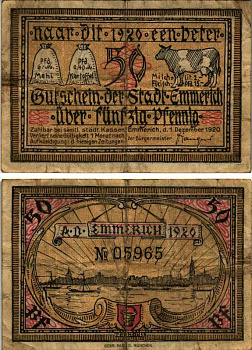 Германия, Эммерих 50 пфеннигов 1920 нотгельд, желтая, 1.12.1920 Tie.1710/21 бумага 6318-27-1-2