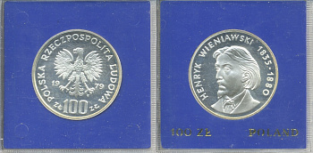 Польша 100 злотых 1979 MW, Генрик Венявский (1835-1880), в оригинальной пластиковой упаковке KM 98, Parchimowicz 284 серебро PROOF 5-3-1-24