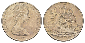 Новая Зеландия 50 центов 1972 Елизавета II (1952-2022), парусник Индевор KM 37 медно-никель 84-1242