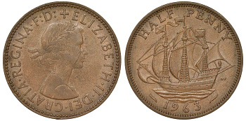 Великобритания 1/2 пенни 1963 Елизавета II (1952-2022) KM 896, Spink 4158 бронза 4128-857