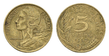 Франция 5 сантимов 1968 KM 933 алюминиевая бронза 4674-553