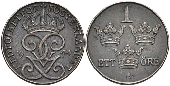 Швеция 1 эре 1944 Густав V (1907-1950) KM 810 железо 4585-314