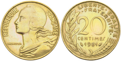 Франция 20 сантимов 1981 тип Marianne KM 930 медь алюминий никель    4177-123