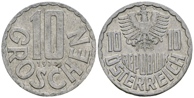 Австрия 10 грошей 1974 KM 2878 алюминий 4138-421