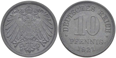 ГЕРМАНИЯ 10 ПФЕННИГОВ 1921 (1917-1922) KM 26, J. 299, Weege 8 цинк 210-242