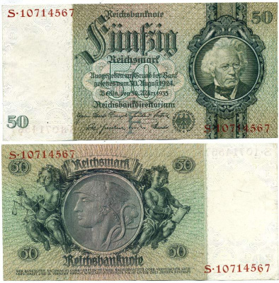 Германия 50 рейхсмарок 1933 буква F, серия S Pick 182 a, Розенберг 175 b бумага XF 450-36-2-2