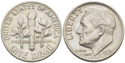 США 10 центов (дайм) 1967 Рузвельт KM 195а медь плакированная медно-никелем 105-1049