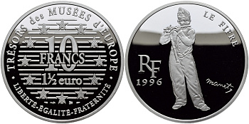 Франция 10 франков = 1 1/2 евро 1996 серия сокровища музеев Европы, игрок на флейте Эдуарда Мане KM 1122 серебро PROOF 1076-9-63