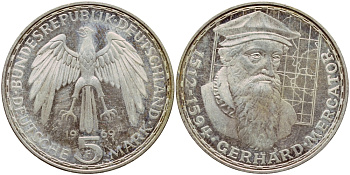 ФРГ 5 марок 1969 F, 375 лет со дня смерти Герарда Меркатора J. 400, KM 126.1 серебро aUNC 1529-223