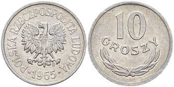 ПОЛЬША 10 ГРОШЕЙ 1965 MW KM AA47, Parchimowicz 206d алюминий UNC 4181-237
