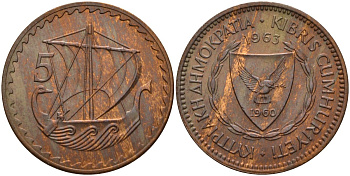 Кипр 5 милей 1963 KM 39 бронза 4141-447