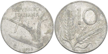 Италия 10 лир 1953 R, плуг, колосья KM 93 алюминий 175-344