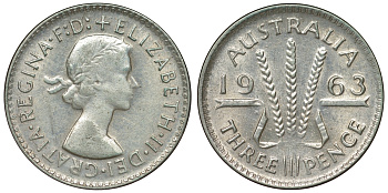 Австралия 3 пенса 1963 m, Елизавета II (1952-2022) KM 57 серебро 71-925