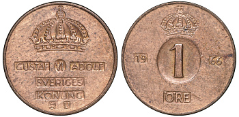 Швеция 1 эре 1966 Густав VI Адольф (1950-1973) KM 820 бронза 4609-1025