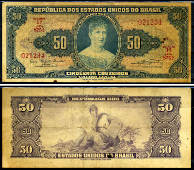 Бразилия 50 крузейро 1961 Соединённые Штаты Бразилии, Изабел Браганс Pick 169 бумага 7148-38-3-1