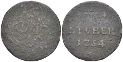 САЙН-АЛЬТЕРКИРХЕН 1/4 ШТЮБЕРА 1754 КАРЛ ВИЛЬГЕЛЬМ ФРИДРИХ БРАНДЕНБУРГ-АНСБАХСКИЙ (1757-1791) KM 2 медь 3309-327