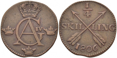 Швеция 1/4 скиллинга 1806 Густав IV Адольф (1792-1809) KM 564 (389) медь 175-1044
