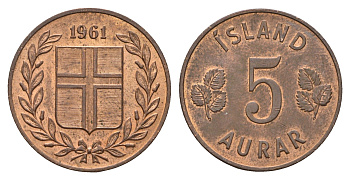 Исландия 5 эйре 1961 KM 9 бронза aUNC 4592-1132