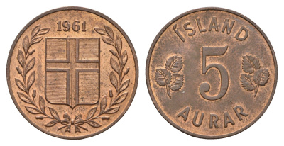 Исландия 5 эйре 1961 KM 9 бронза aUNC 4592-1132