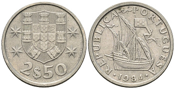 Португалия 2,5 эскудо 1984 парусник KM 590 медно-никель 4147-648