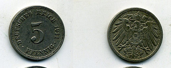 Германия 5 пфеннигов 1911 A KM 11, J. 12, Weege 6 медно-никель 25-835