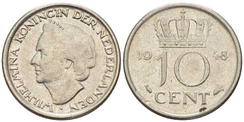 Нидерланды 10 центов 1948 Вильгельмина (1895-1948) KM 177 никель 214-1132