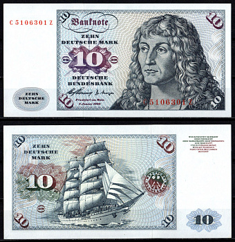 ФРГ 10 марок 1960 Альбрехт Дюрер. Kорабль "Горх Фок" Pick 19 бумага UNC (пресс) 451-1107-1