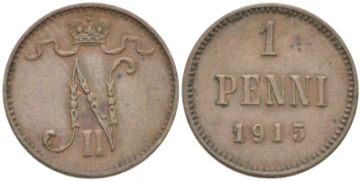 РОССИЯ ДЛЯ ФИНЛЯНДИИ 1 ПЕННИ 1915 НИКОЛАЙ II KM 13, Биткин 475 медь 4396-1435