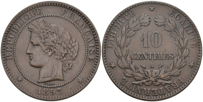 Франция 10 сантимов 1897 А, тип Ceres, третья республика (1871-1940) KM 815.1, Le Franc 135.44 бронза 81-1135