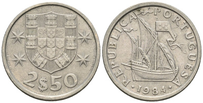 Португалия 2,5 эскудо 1984 парусник KM 590 медно-никель 4147-648