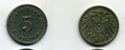 Германия 5 пфеннигов 1911 A KM 11, J. 12, Weege 6 медно-никель 25-835