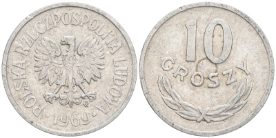 ПОЛЬША 10 ГРОШЕЙ 1969 MW KM АА47 алюминий VF-XF 192-218