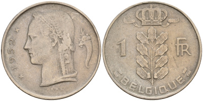 Бельгия 1 франк 1952 Belgique KM 142.1 медно-никель    4161-1225