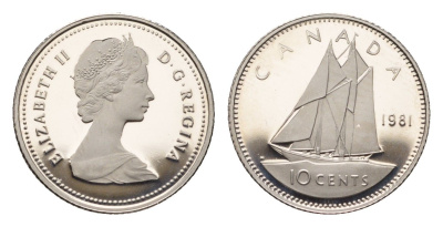 Канада 10 центов 1981 Елизавета II (1952-2022), парусник KM 77 никель PROOF 413-3614