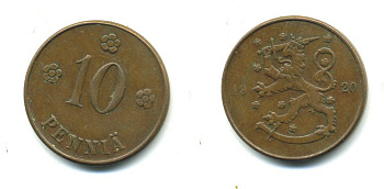 Финляндия 10 пенни 1920 республика (1918-1962) KM 24 медь 36-515