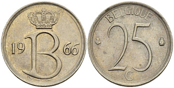 Бельгия 25 сантимов 1966 Belgique, Бодуэн I (1951-1993) KM 153.1 медно-никель 4528-1019
