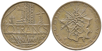 Франция 10 франков 1979 тип Матье KM 940, Le Franc 365.13-14 никель латунь 36-725