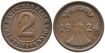 ГЕРМАНИЯ 2 РЕНТЕНПФЕННИГА 1924 E KM 31, J. 307 бронза 24-651